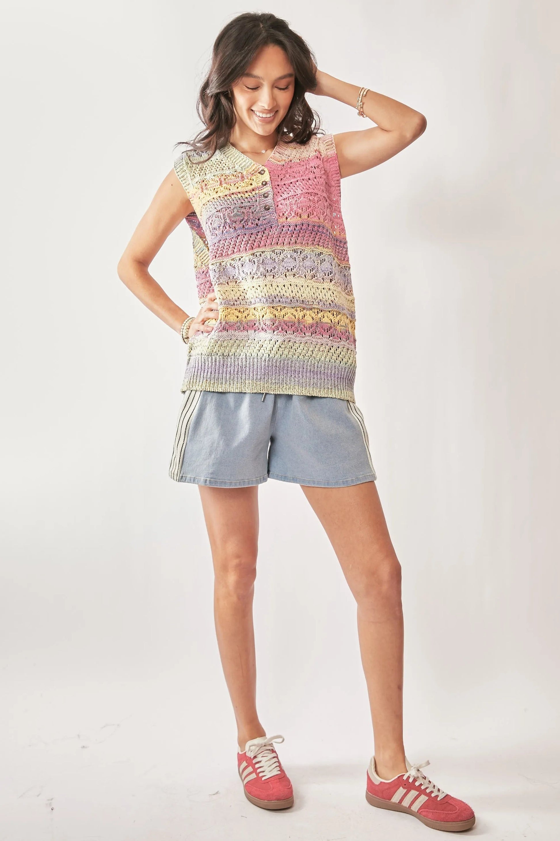 Davi & Dani - Pastel Multi Stripe Crochet Sweater Vest
