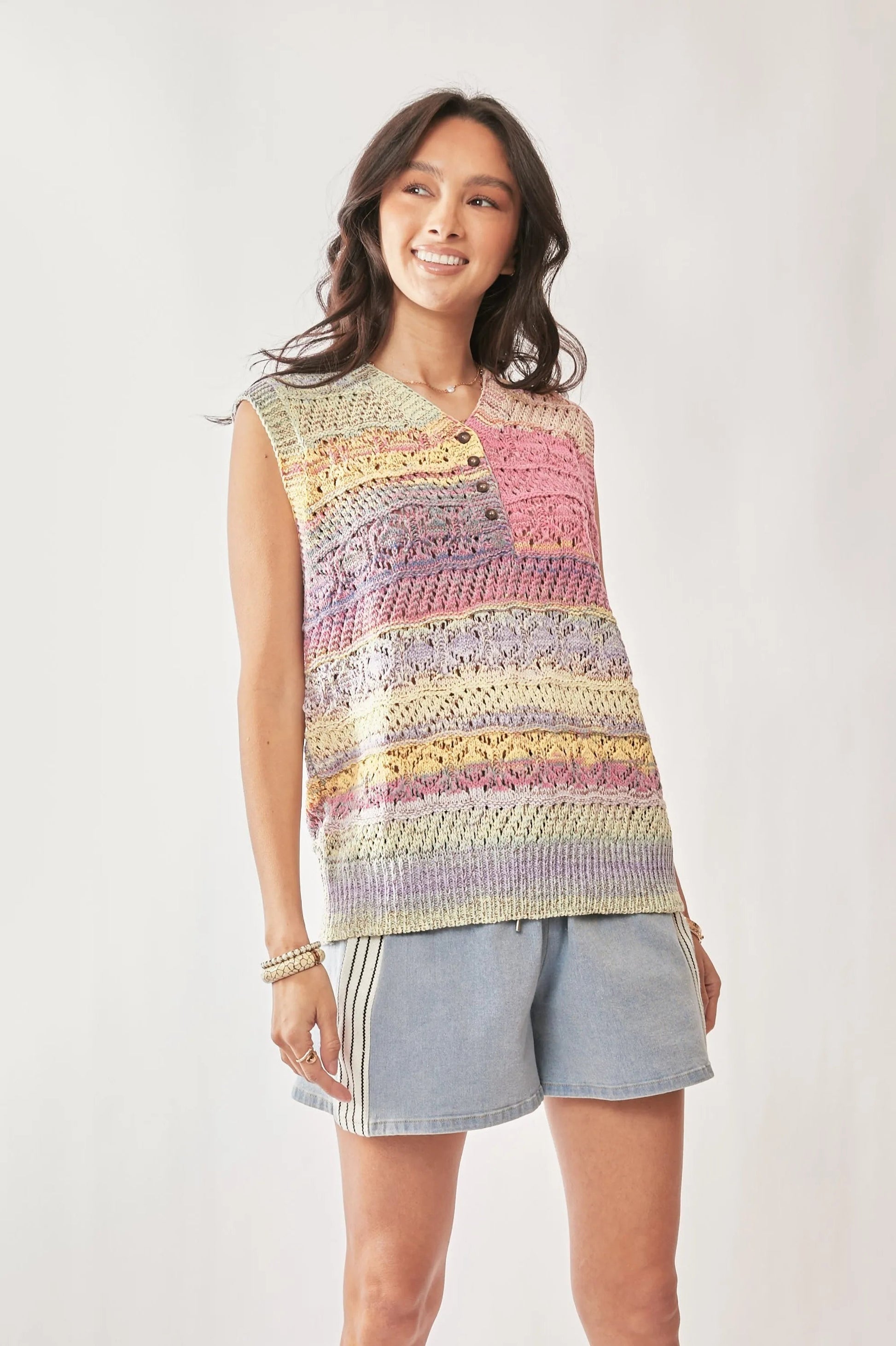 Davi & Dani - Pastel Multi Stripe Crochet Sweater Vest