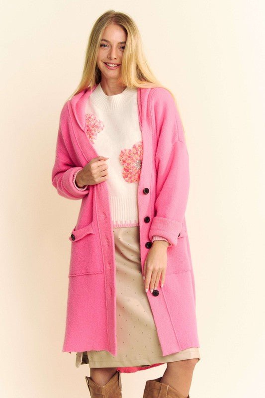 Davi & Dani - Pink Button Up Longline Hooded Cardigan