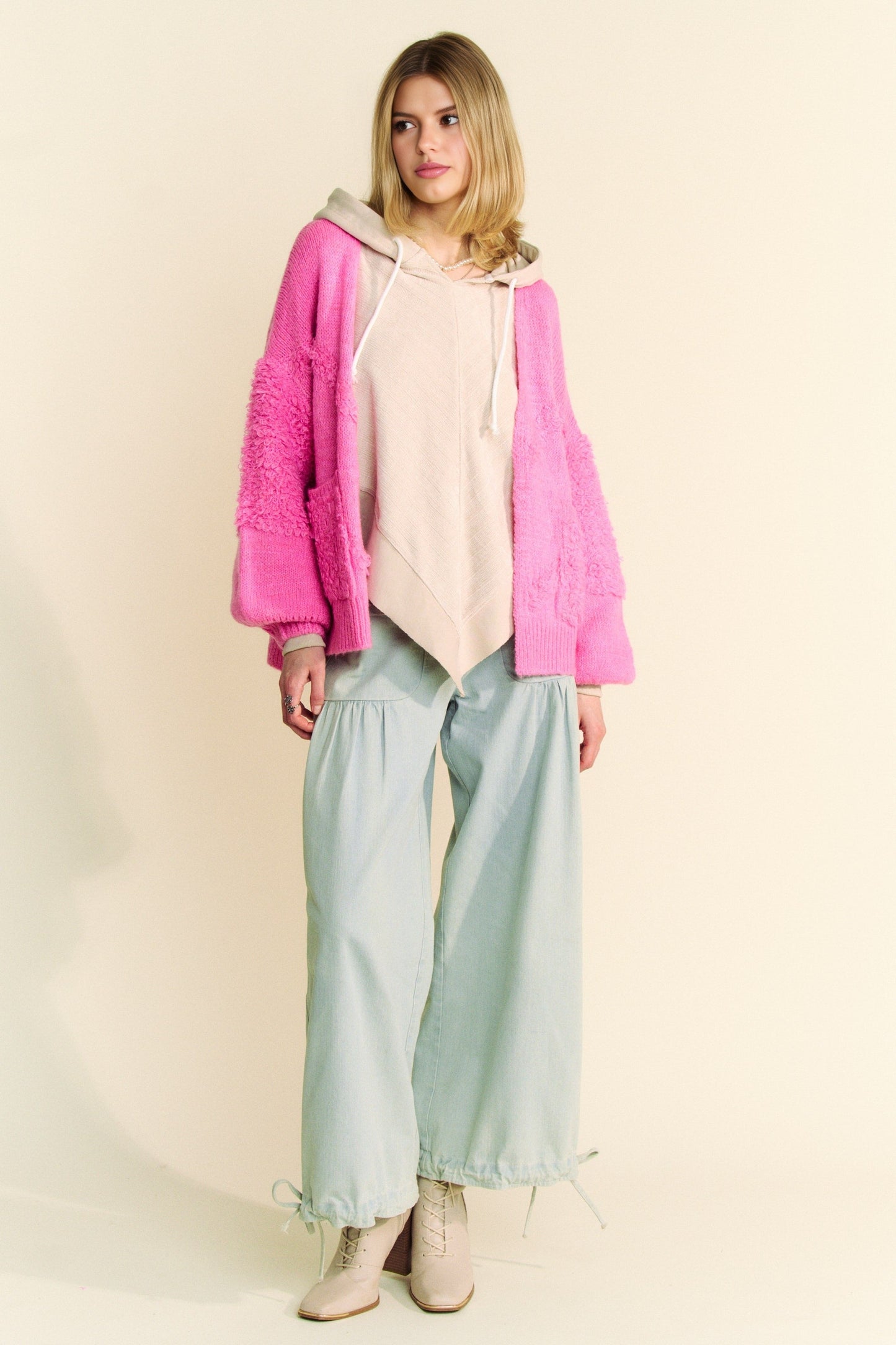 Davi & Dani - Pink Fuzzy Open Front Long Sleeve Cardigan