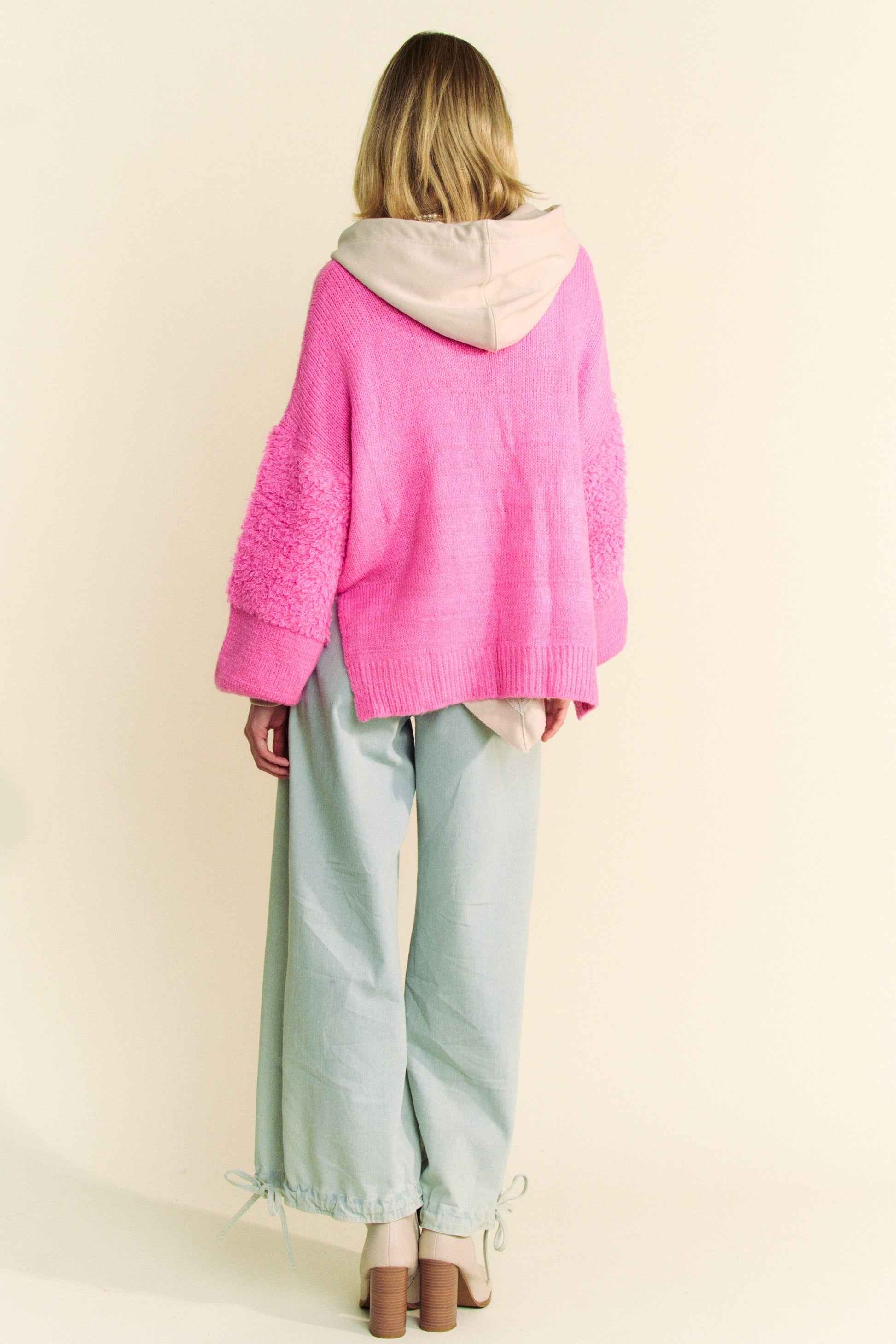 Davi & Dani - Pink Fuzzy Open Front Long Sleeve Cardigan