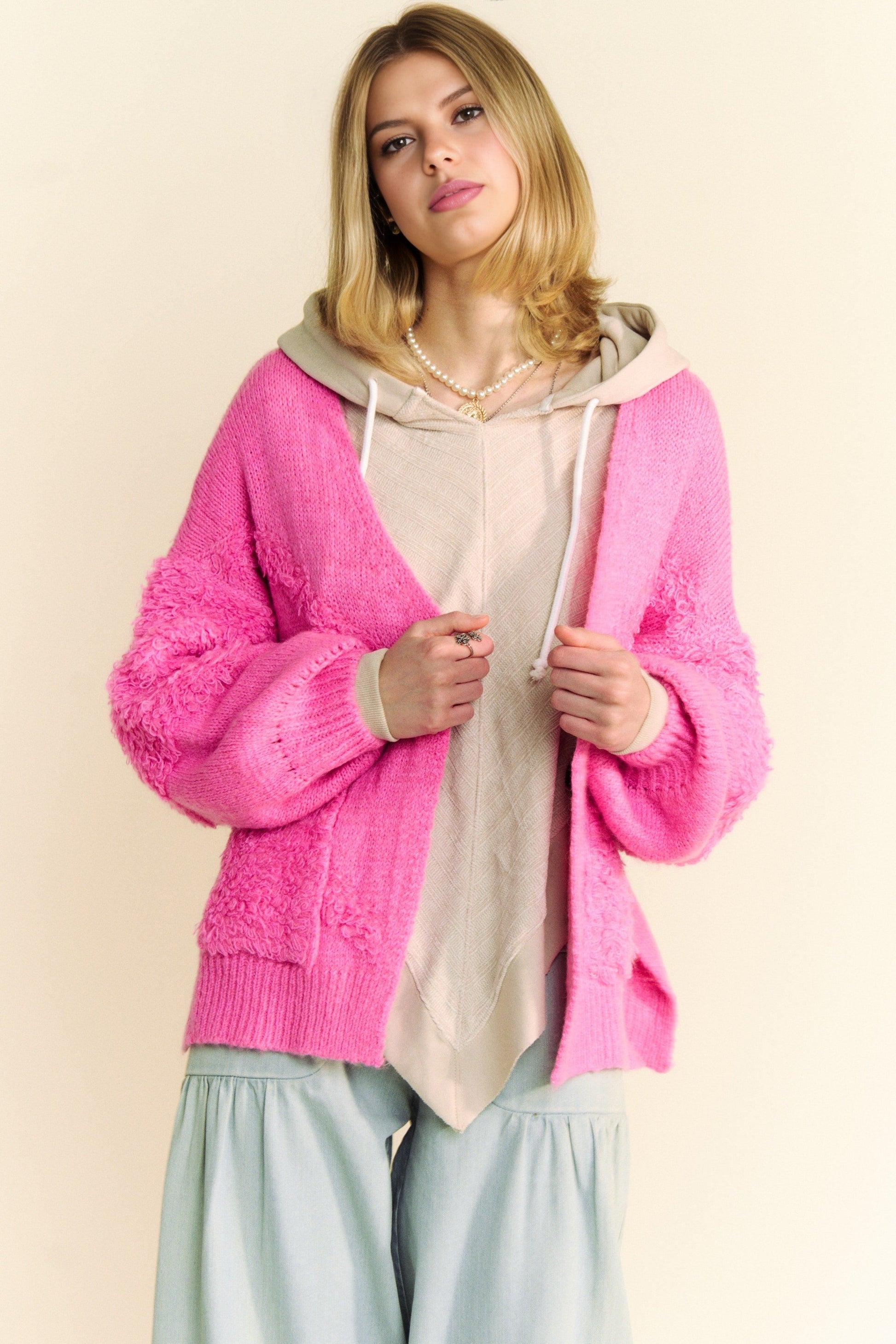 Davi & Dani - Pink Fuzzy Open Front Long Sleeve Cardigan