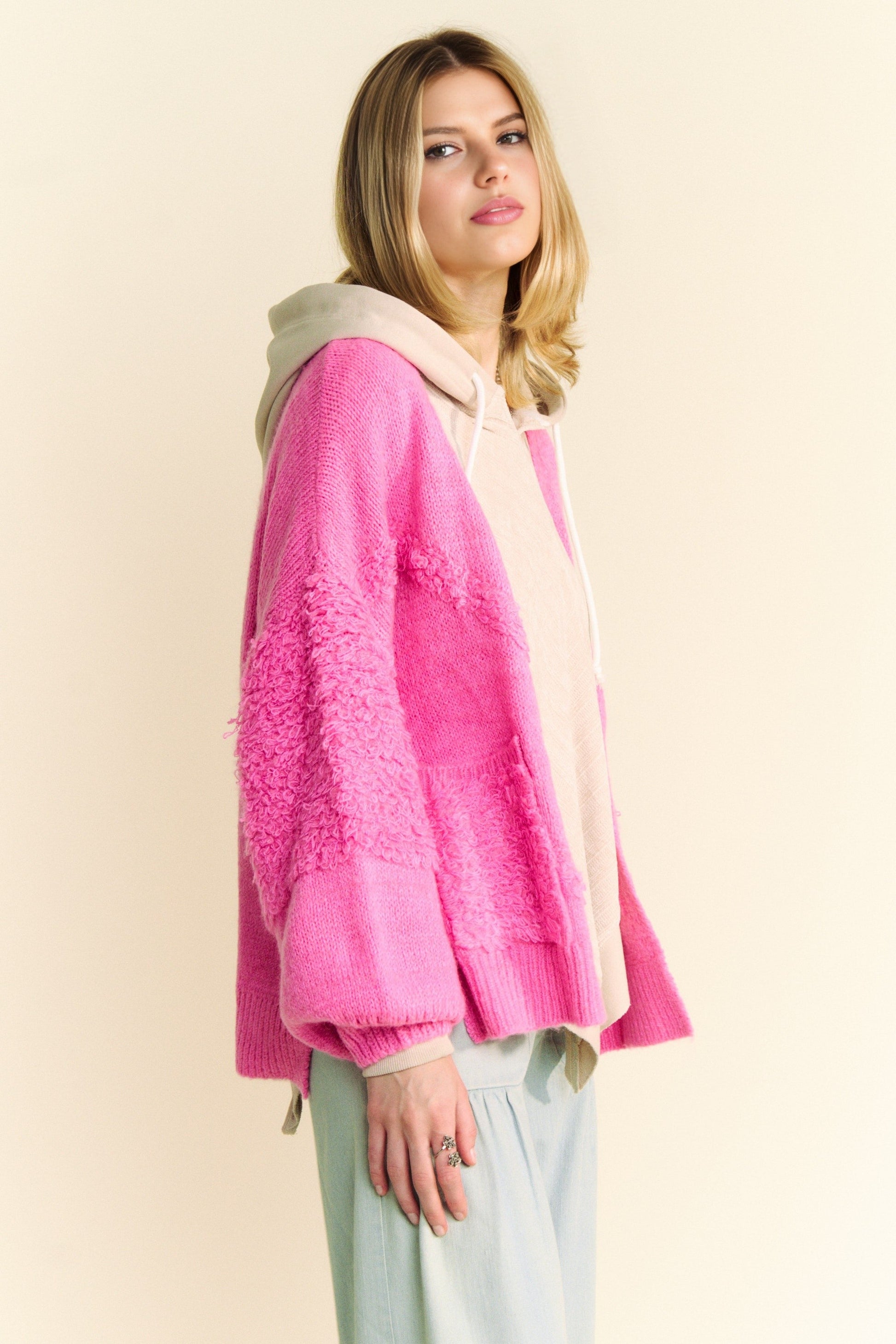 Davi & Dani - Pink Fuzzy Open Front Long Sleeve Cardigan