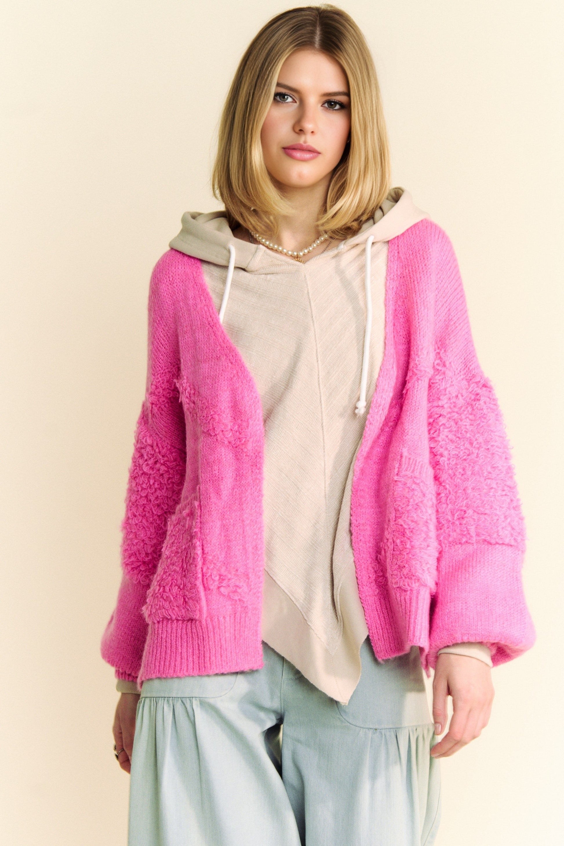 Davi & Dani - Pink Fuzzy Open Front Long Sleeve Cardigan