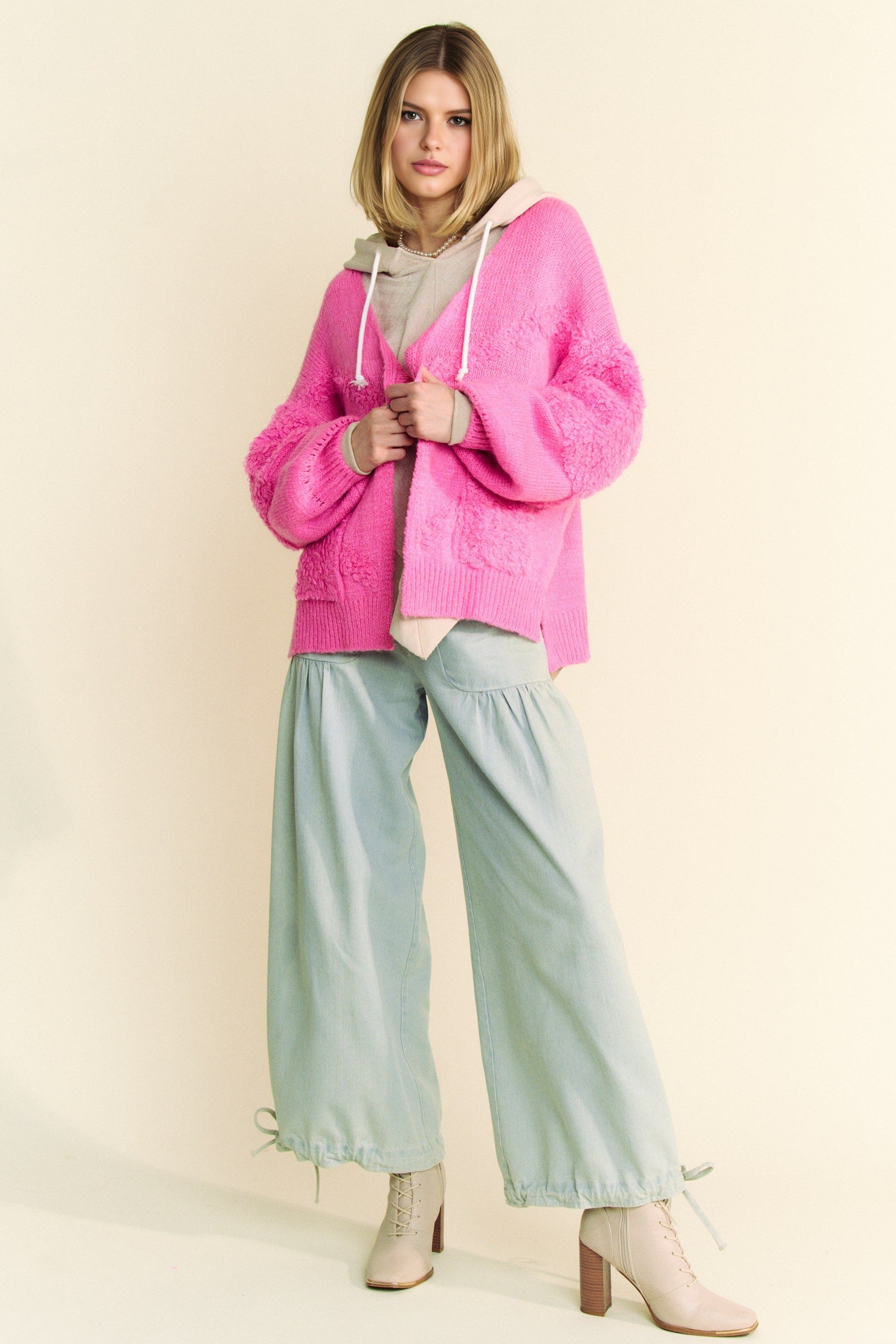 Davi & Dani - Pink Fuzzy Open Front Long Sleeve Cardigan