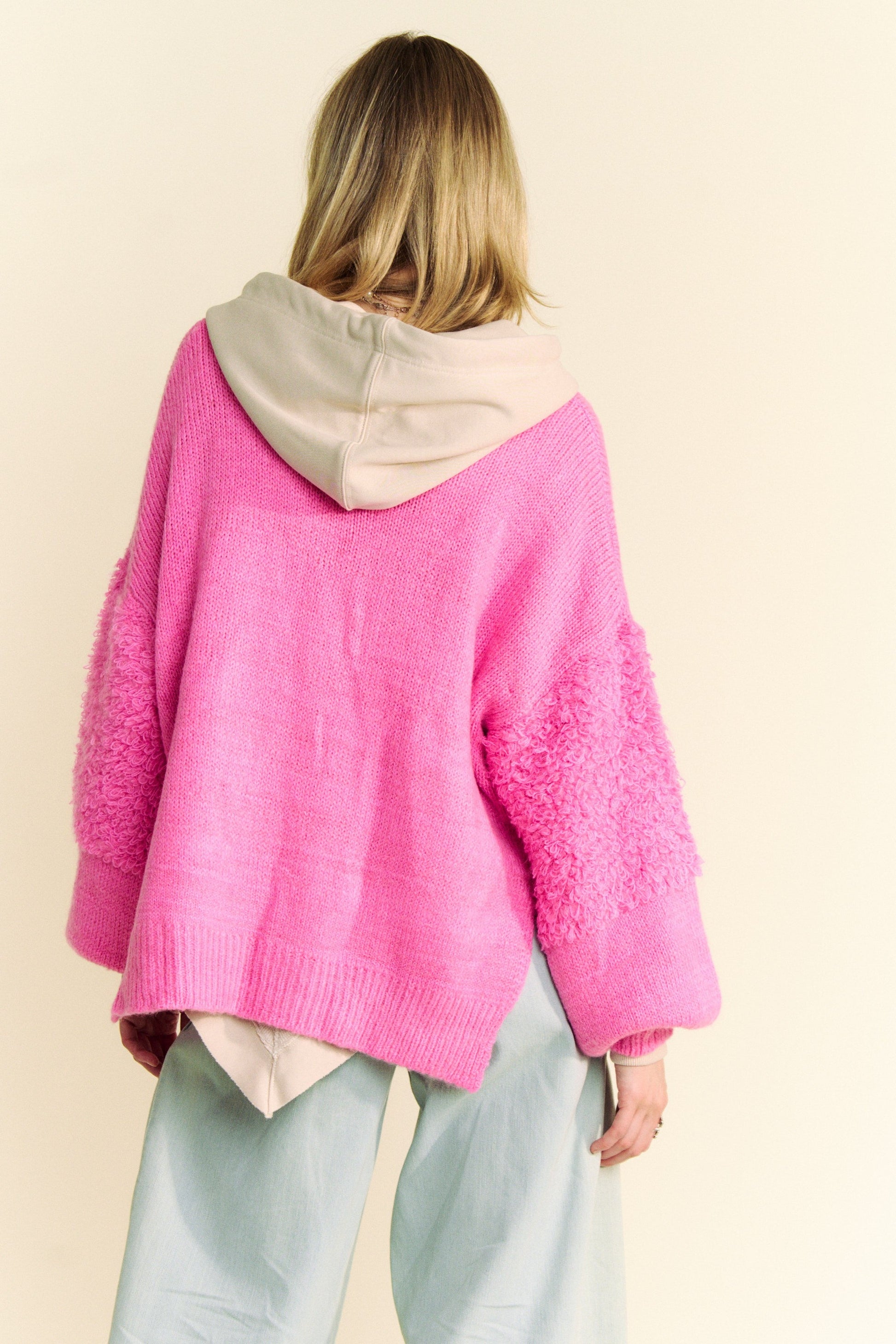 Davi & Dani - Pink Fuzzy Open Front Long Sleeve Cardigan