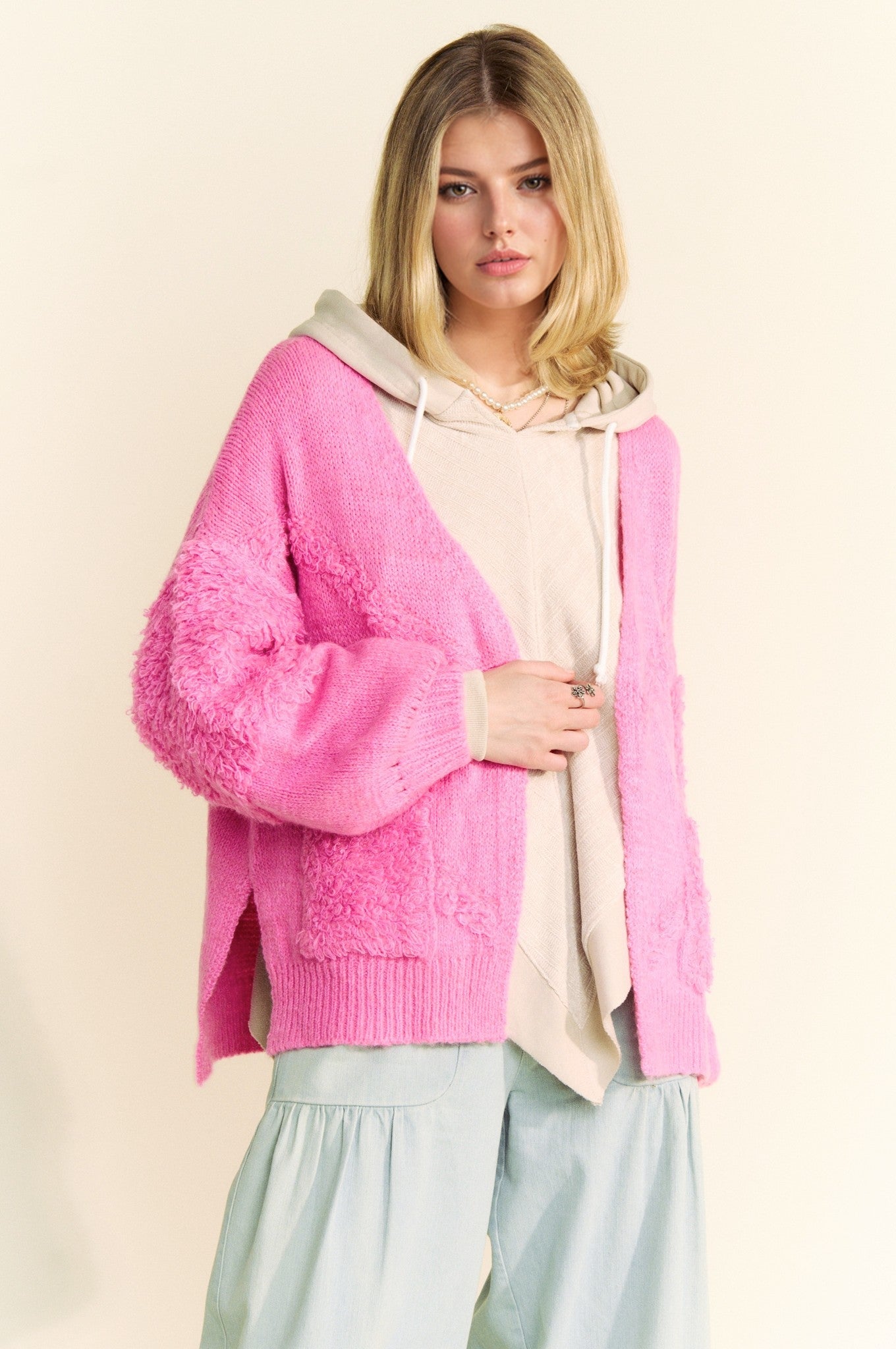 Davi & Dani - Pink Fuzzy Open Front Long Sleeve Cardigan