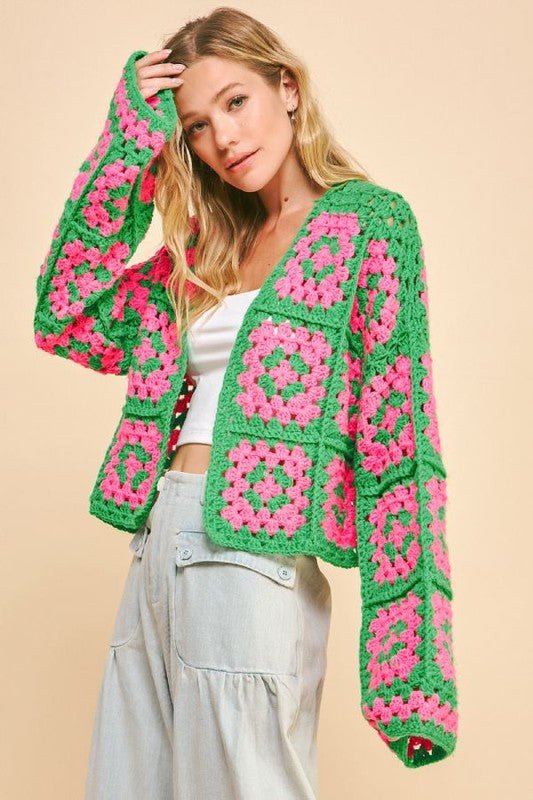 Davi & Dani - Pink & Green Granny Square Crocheted Cardigan