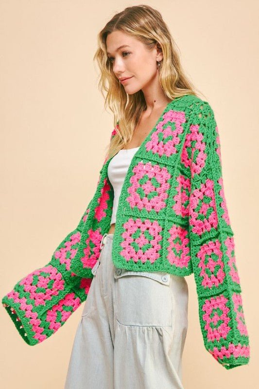 Davi & Dani - Pink & Green Granny Square Crocheted Cardigan