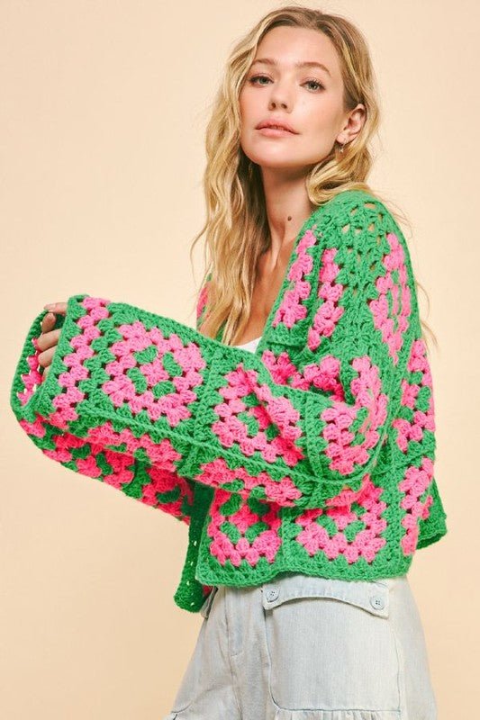 Davi & Dani - Pink & Green Granny Square Crocheted Cardigan