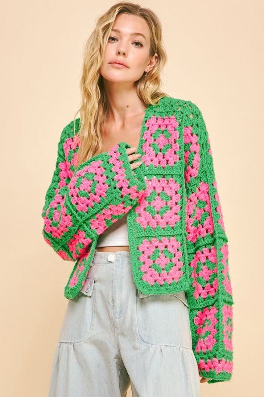 Davi & Dani - Pink & Green Granny Square Crocheted Cardigan