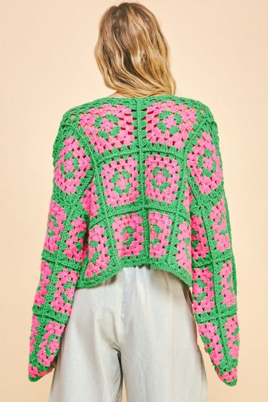 Davi & Dani - Pink & Green Granny Square Crocheted Cardigan