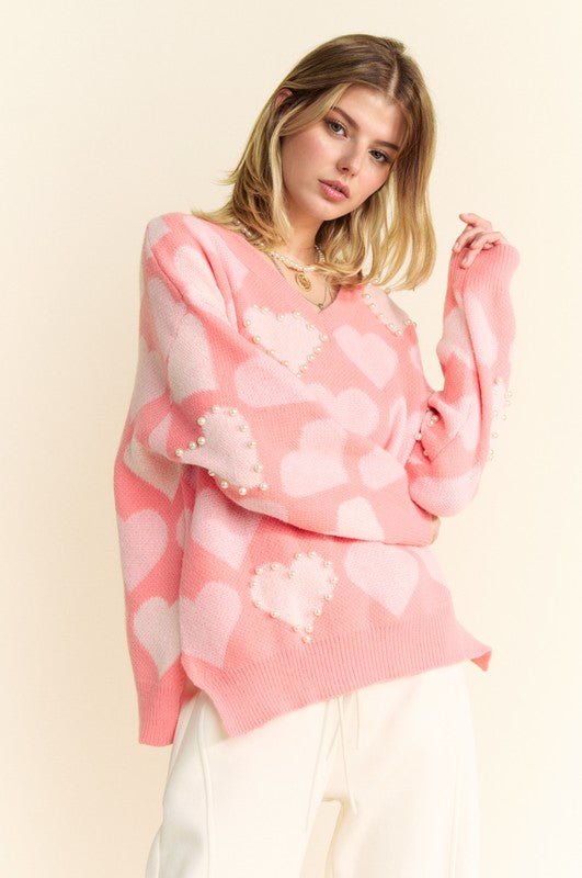 Davi & Dani - Pink Heart Pearl V - Neck Tunic Sweater