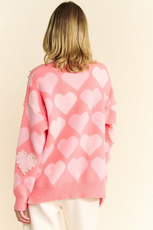 Davi & Dani - Pink Heart Pearl V - Neck Tunic Sweater