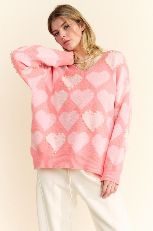 Davi & Dani - Pink Heart Pearl V - Neck Tunic Sweater