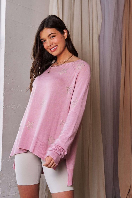 Davi & Dani - Pink High - Low Hem Rhinestone Stars Top