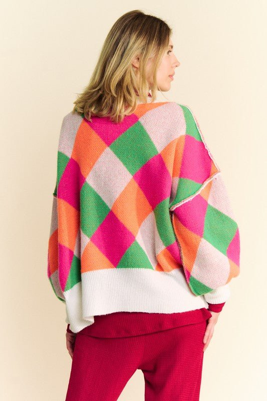 Davi & Dani - Pink Orange Color Block Sweater