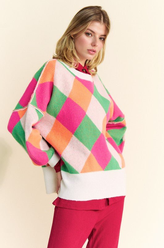 Davi & Dani - Pink Orange Color Block Sweater