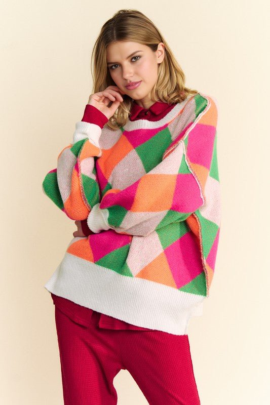 Davi & Dani - Pink Orange Color Block Sweater