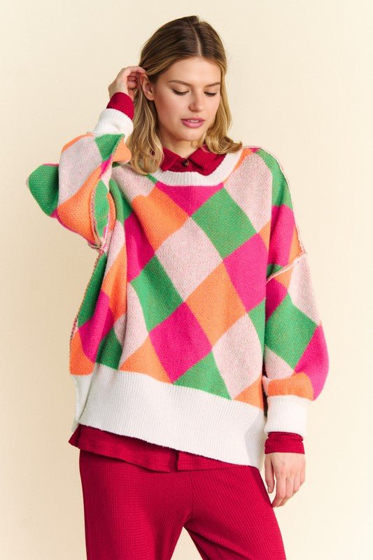 Davi & Dani - Pink Orange Color Block Sweater