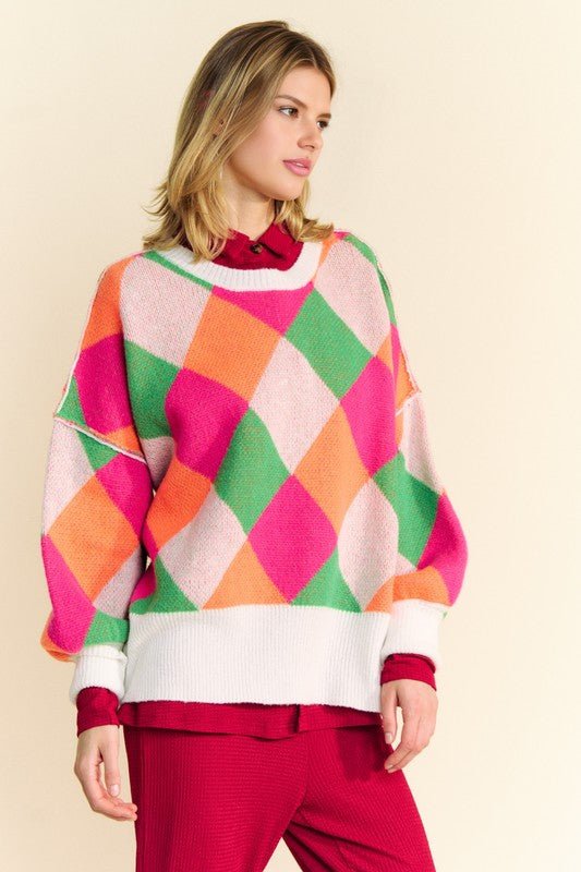 Davi & Dani - Pink Orange Color Block Sweater