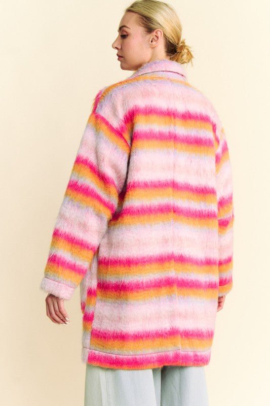 Davi & Dani - Pink - Orange Contrast Striped Open Front Coat