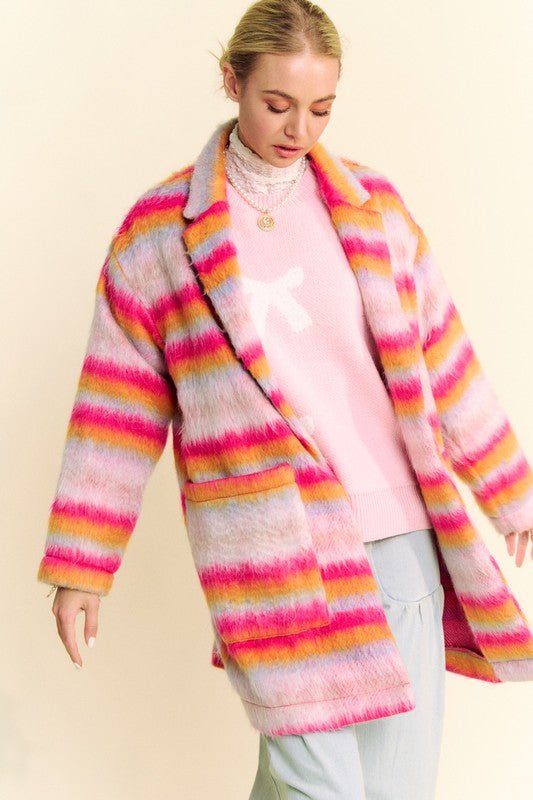 Davi & Dani - Pink - Orange Contrast Striped Open Front Coat