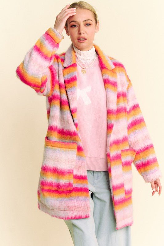 Davi & Dani - Pink - Orange Contrast Striped Open Front Coat