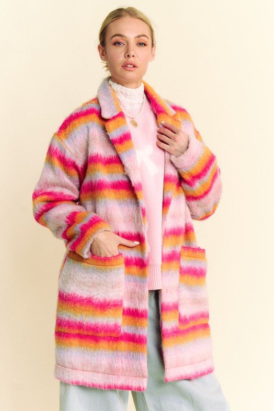 Davi & Dani - Pink - Orange Contrast Striped Open Front Coat