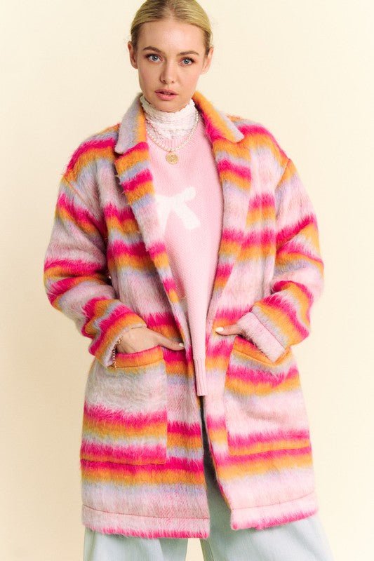 Davi & Dani - Pink - Orange Contrast Striped Open Front Coat