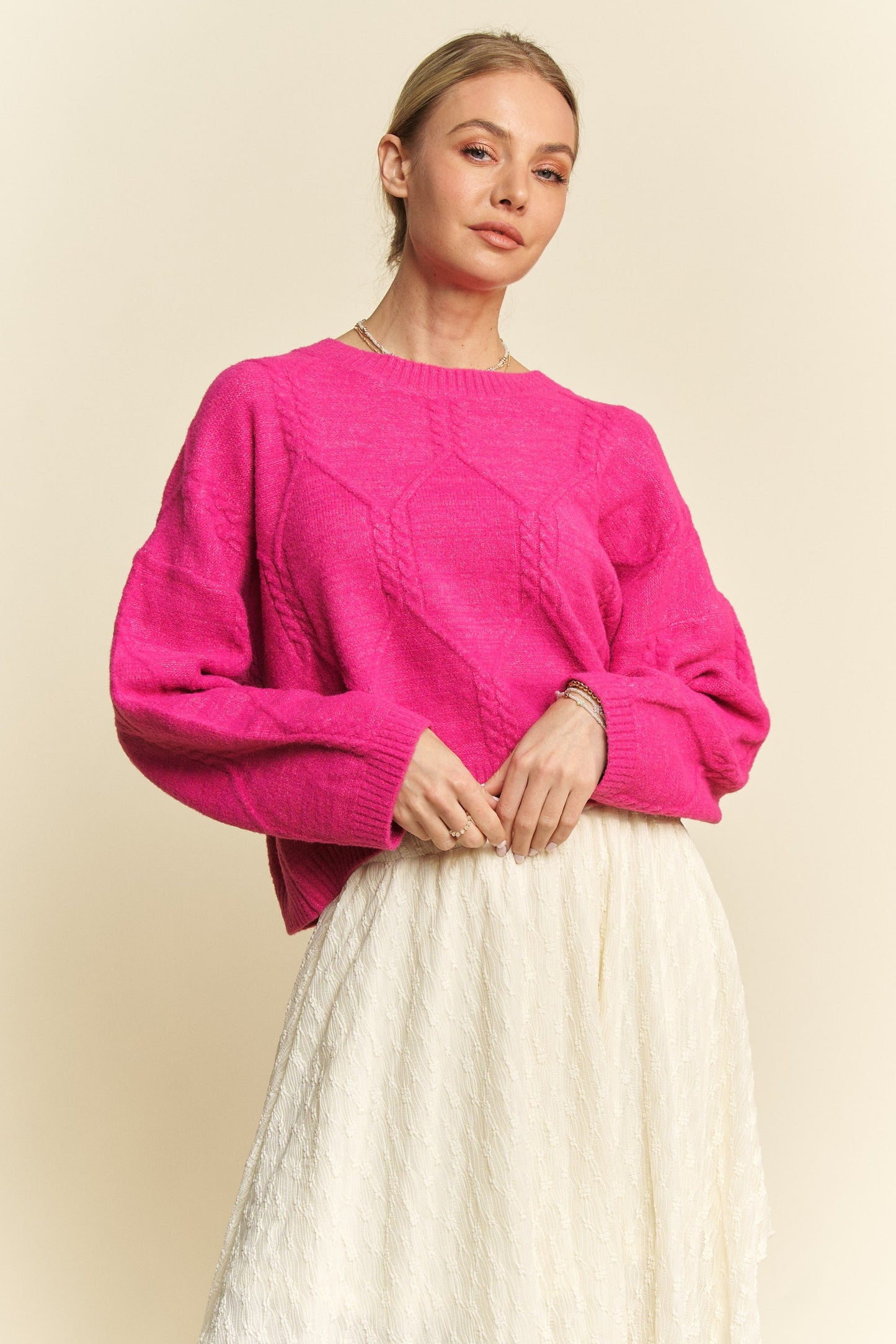 Davi & Dani - Pink Relaxed Fit Cable Knit Sweater