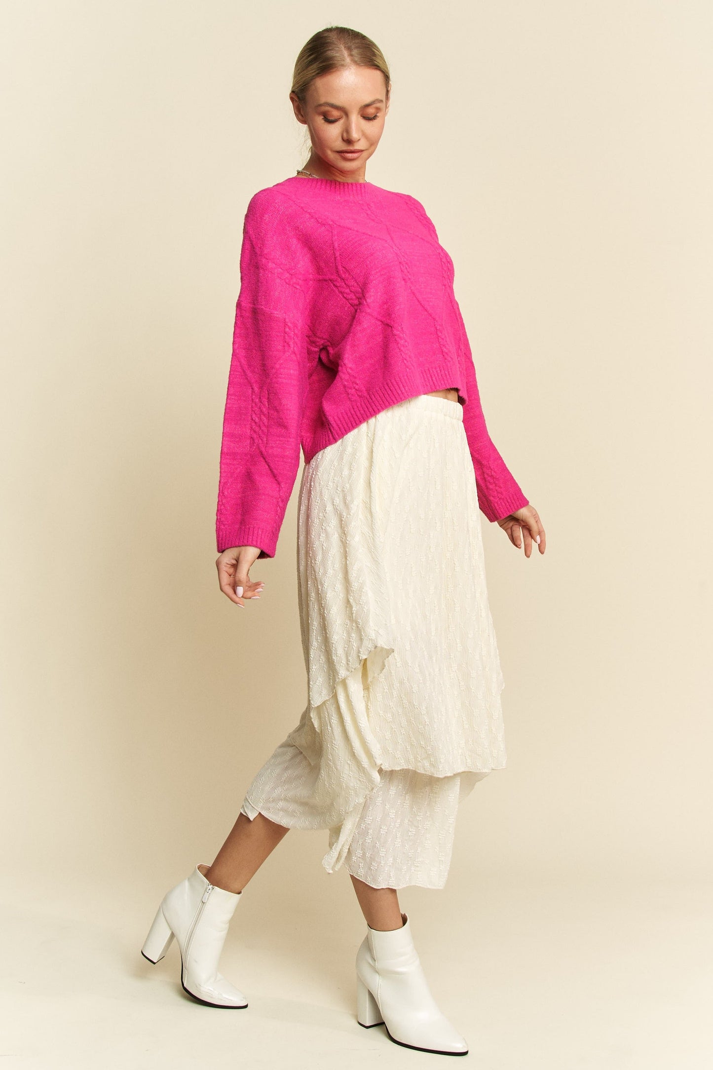 Davi & Dani - Pink Relaxed Fit Cable Knit Sweater