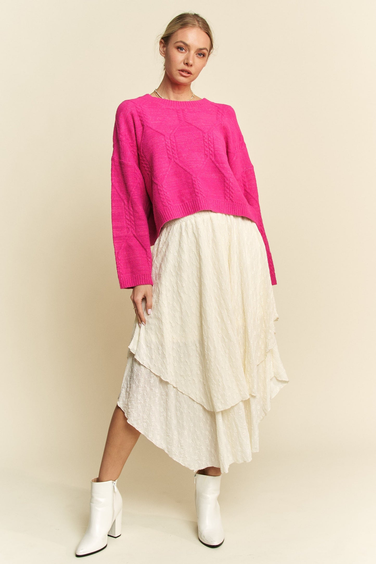 Davi & Dani - Pink Relaxed Fit Cable Knit Sweater