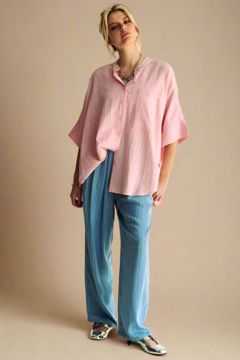 Davi & Dani - Pink Rhinestone Button - Down Blouse with Mandarin Collar