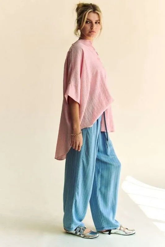 Davi & Dani - Pink Rhinestone Button - Down Blouse with Mandarin Collar