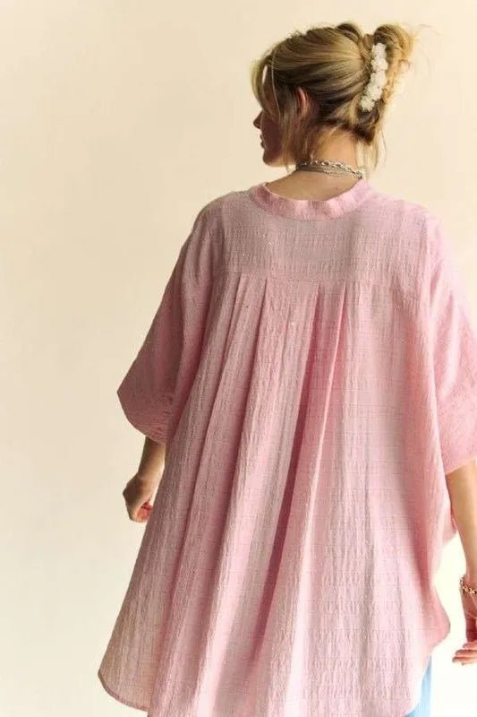 Davi & Dani - Pink Rhinestone Button - Down Blouse with Mandarin Collar