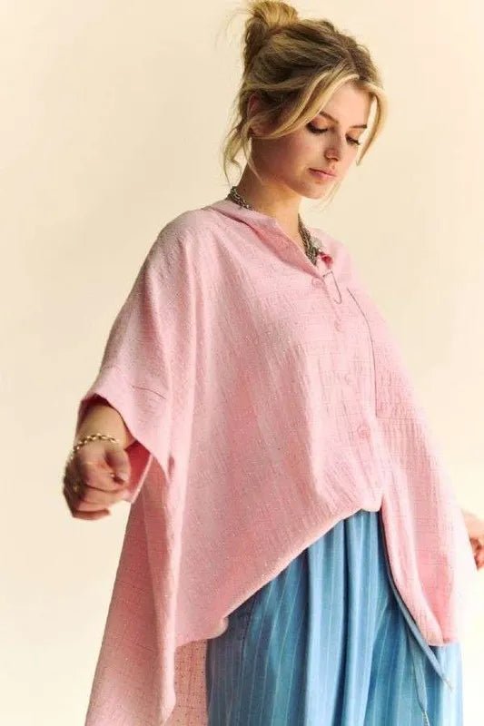 Davi & Dani - Pink Rhinestone Button - Down Blouse with Mandarin Collar