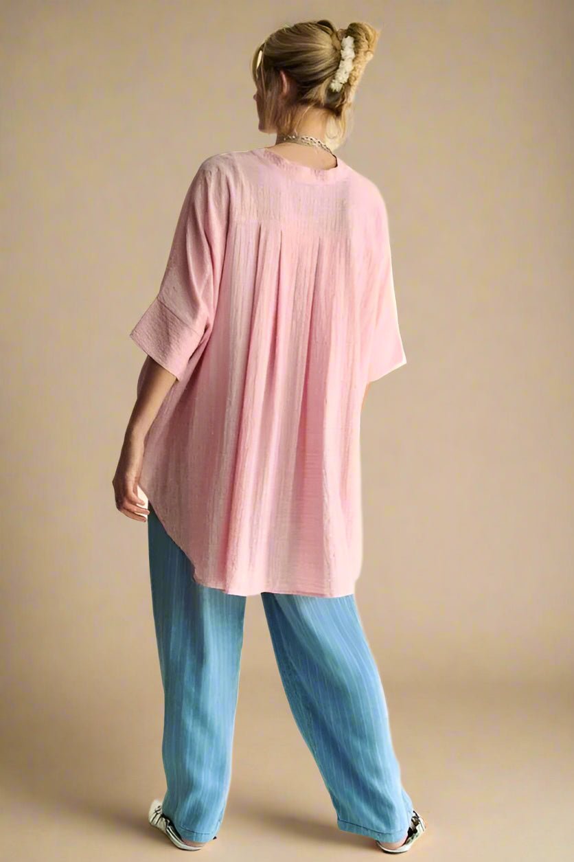 Davi & Dani - Pink Rhinestone Button - Down Blouse with Mandarin Collar