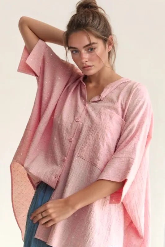 Davi & Dani - Pink Rhinestone Button - Down Blouse with Mandarin Collar