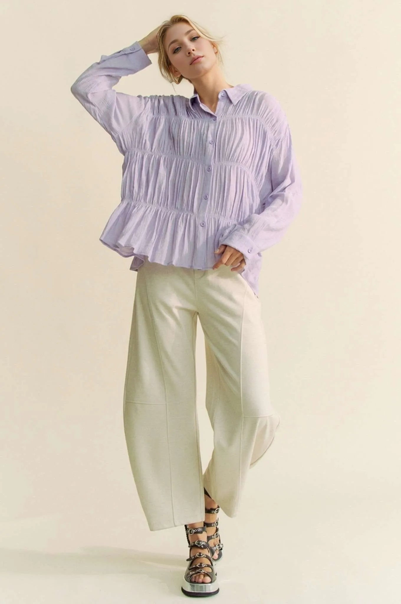 Davi & Dani - Pleated Button Front Peplum Blouse – Lavender