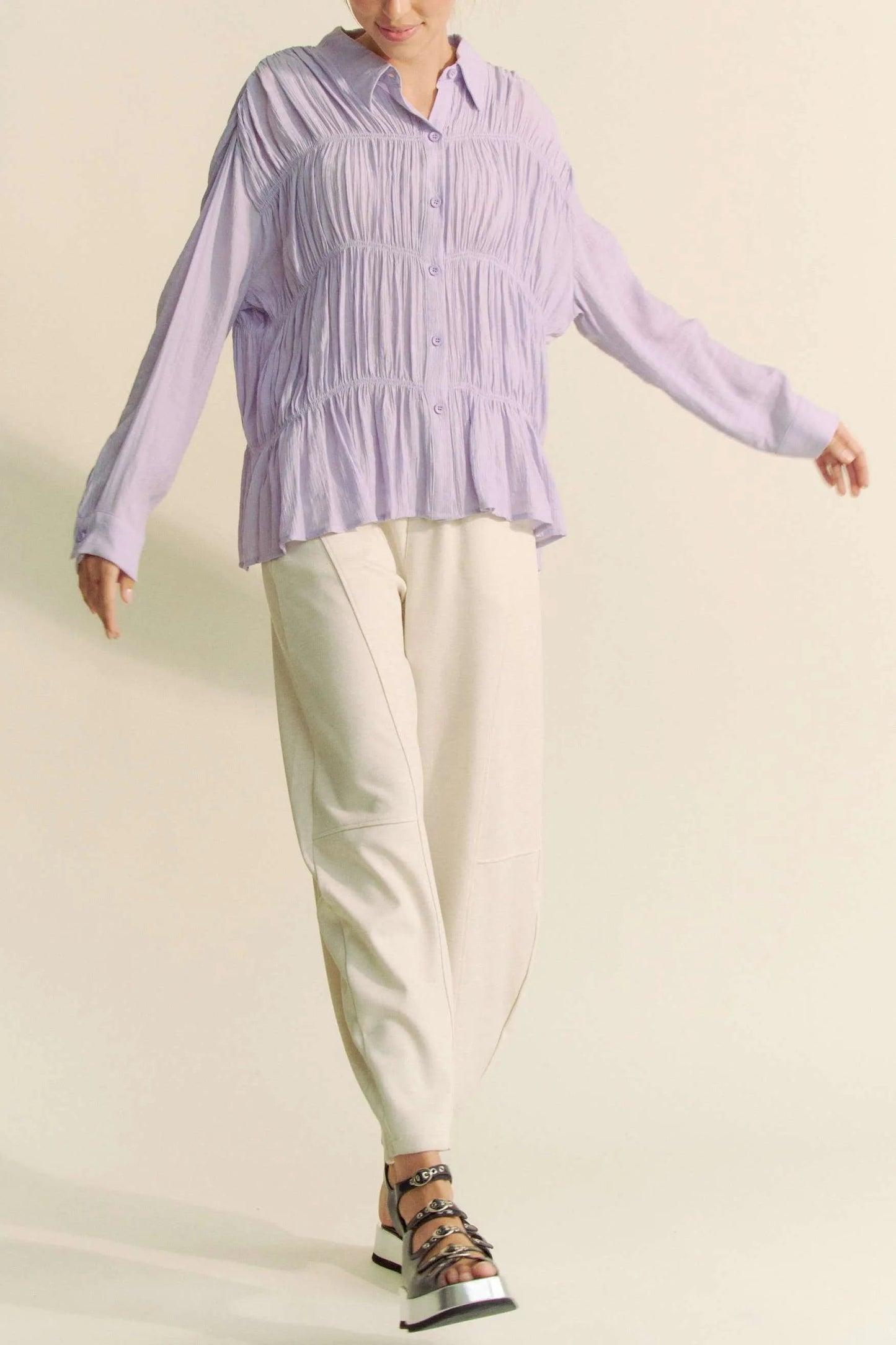 Davi & Dani - Pleated Button Front Peplum Blouse – Lavender