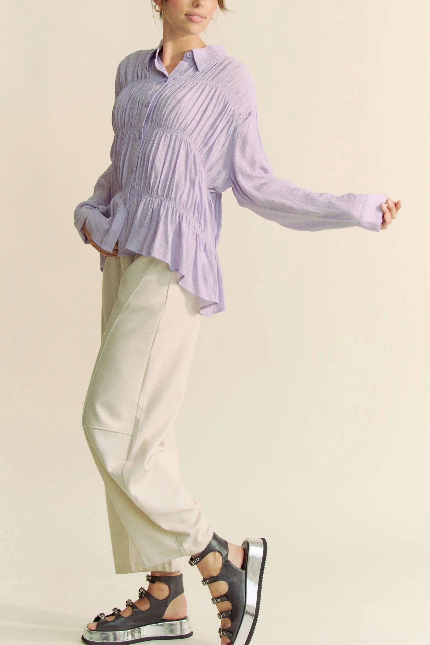 Davi & Dani - Pleated Button Front Peplum Blouse – Lavender