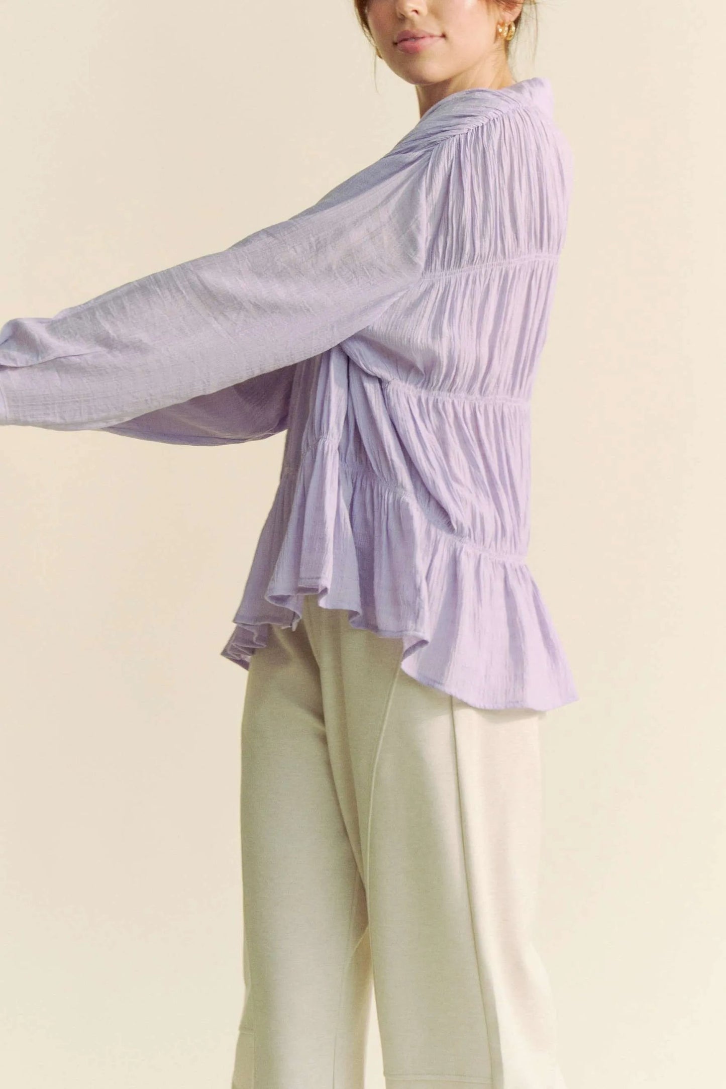 Davi & Dani - Pleated Button Front Peplum Blouse – Lavender