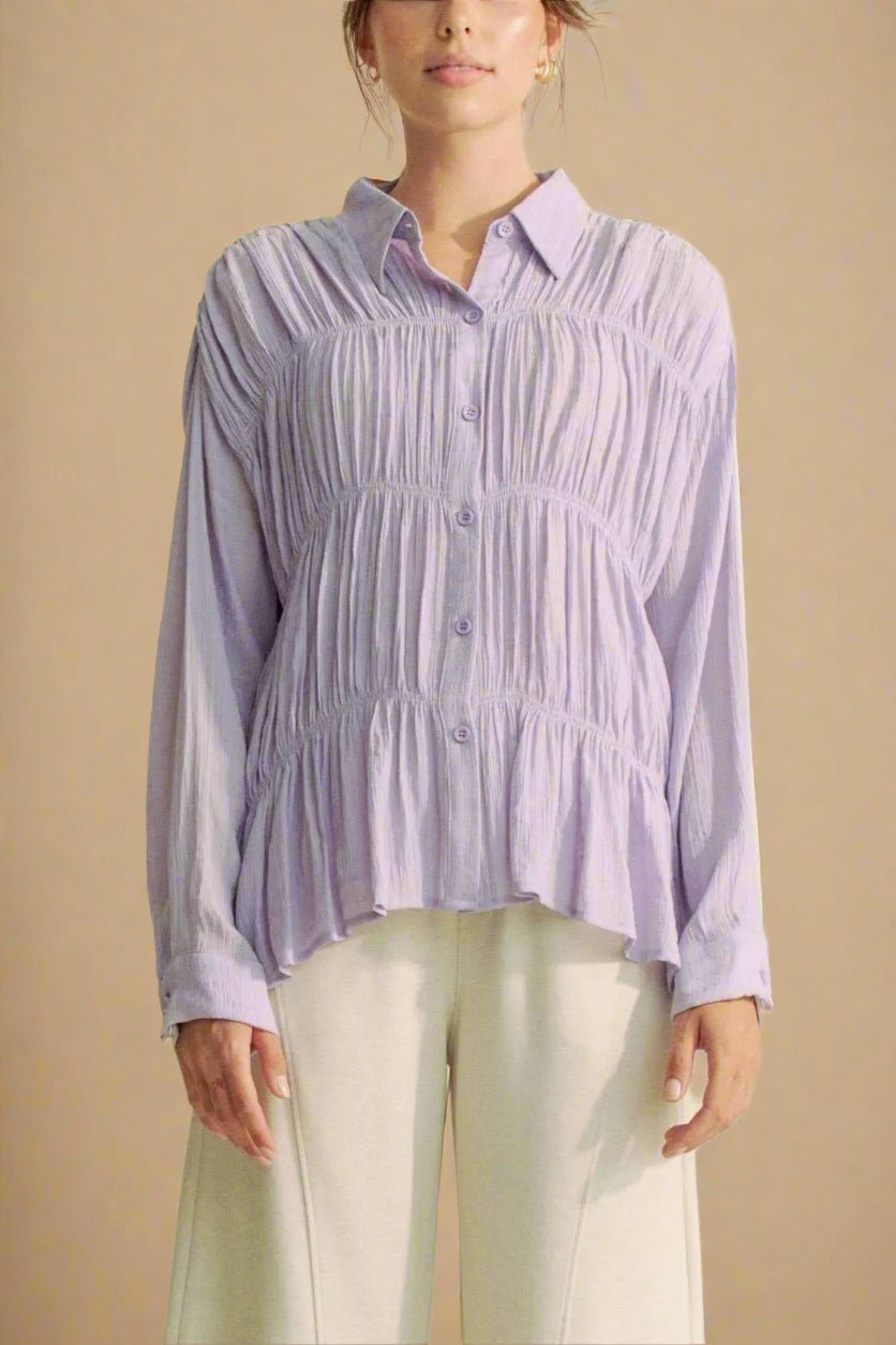 Davi & Dani - Pleated Button Front Peplum Blouse – Lavender
