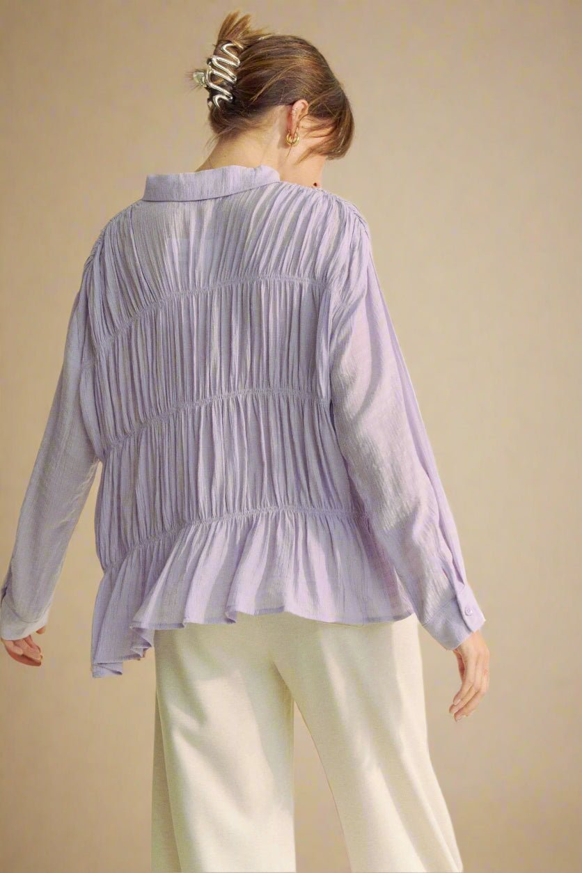 Davi & Dani - Pleated Button Front Peplum Blouse – Lavender