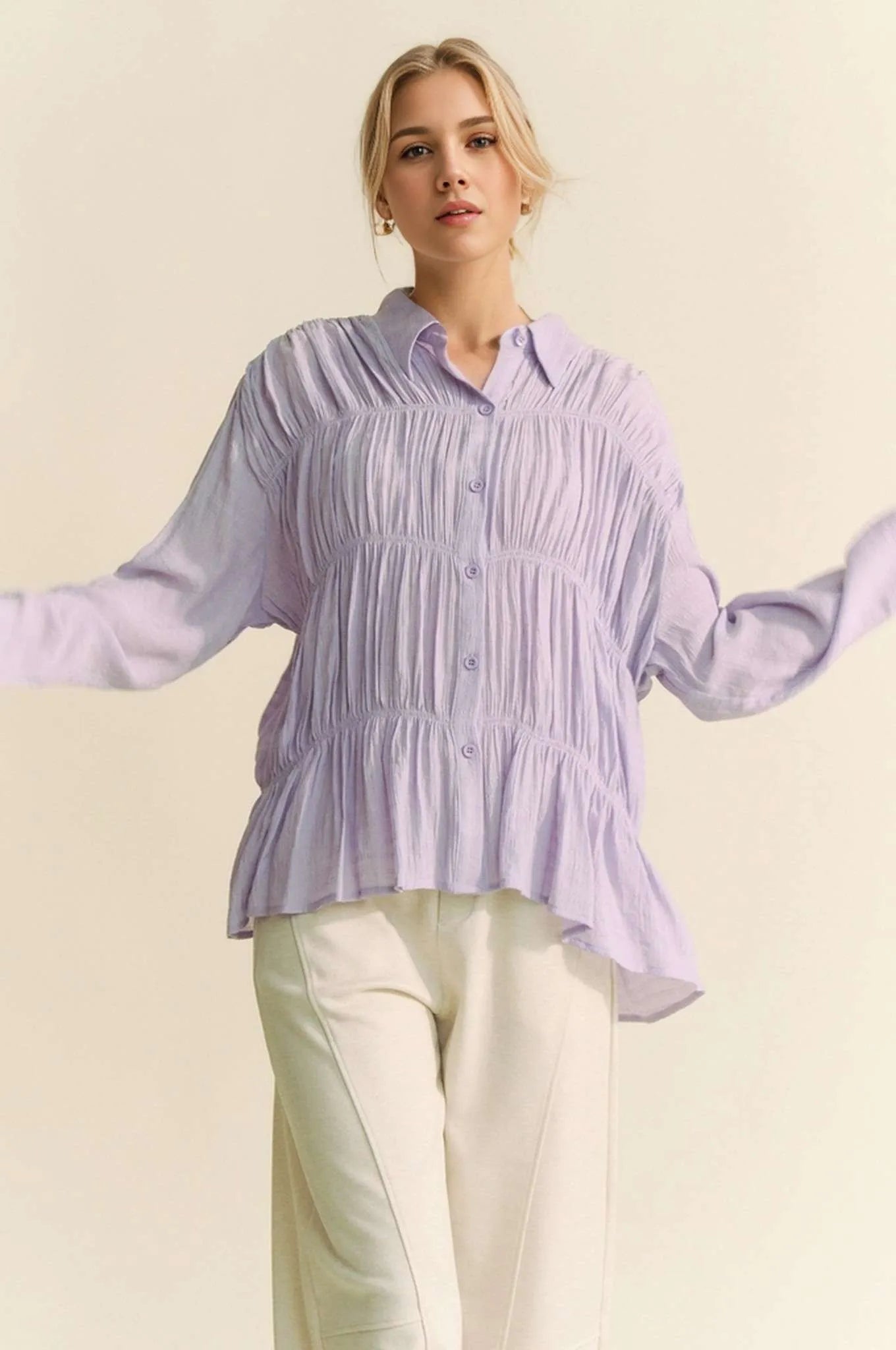 Davi & Dani - Pleated Button Front Peplum Blouse – Lavender