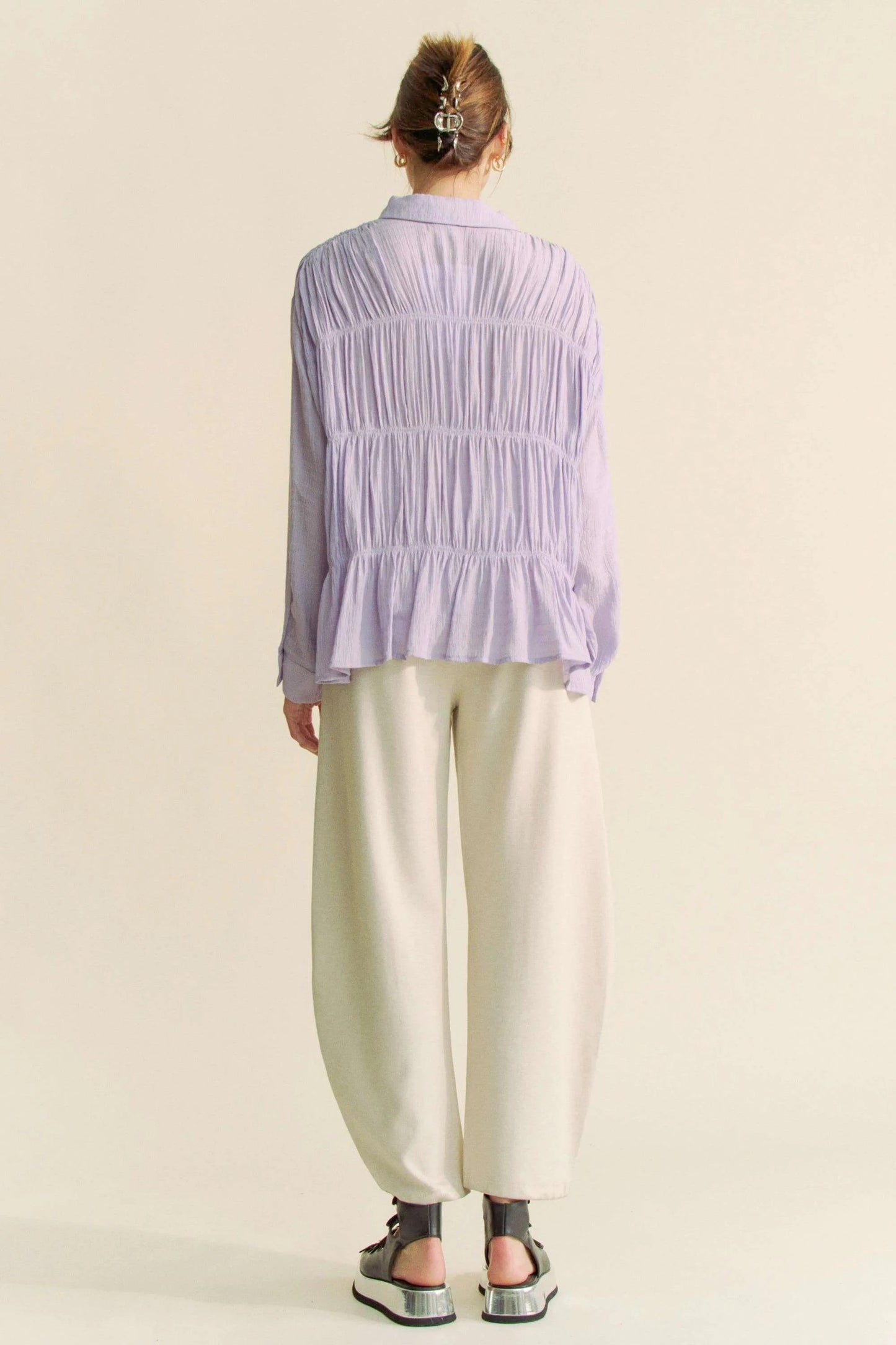 Davi & Dani - Pleated Button Front Peplum Blouse – Lavender