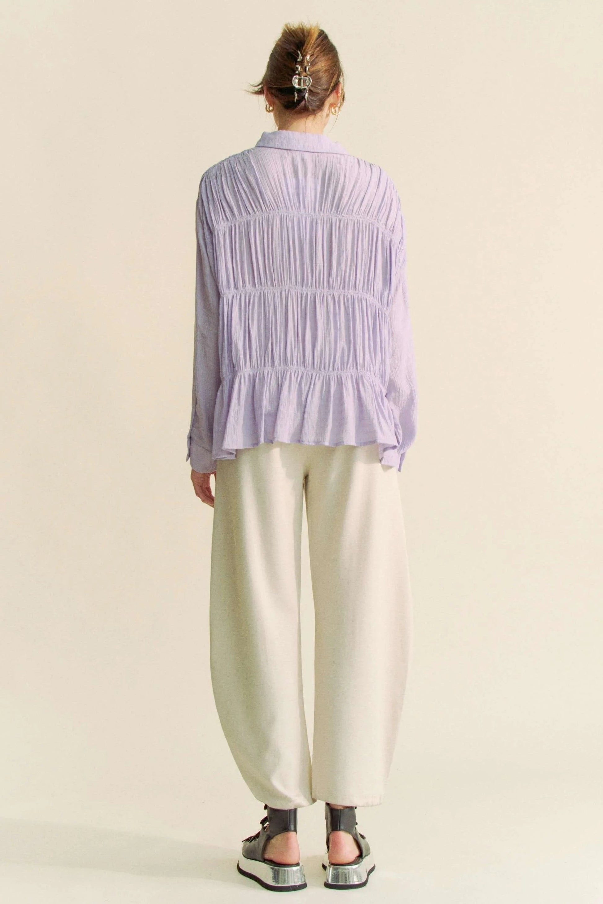 Davi & Dani - Pleated Button Front Peplum Blouse – Lavender