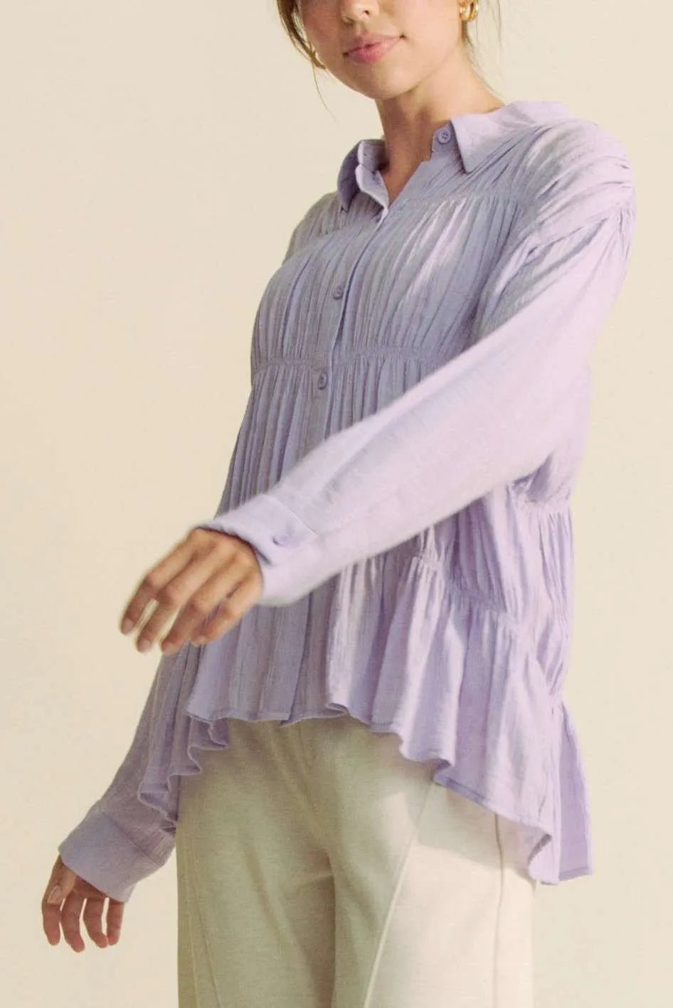 Davi & Dani - Pleated Button Front Peplum Blouse – Lavender
