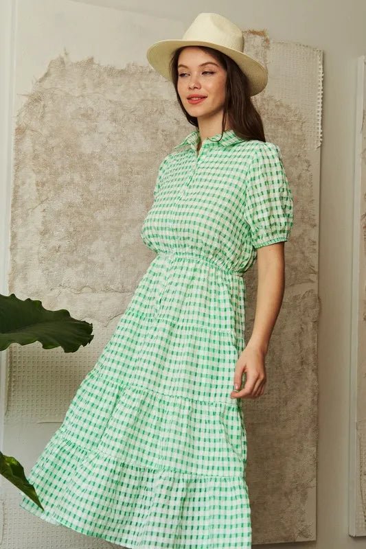 Davi & Dani - Puff Sleeve Button - Front Gingham Dress – Fresh Green